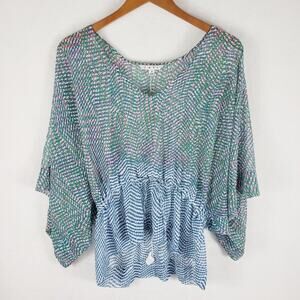 CAbi Arts Kimono Tunic Women S Sheer Blue Green Patterned Drawstring Waist 731